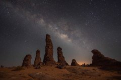 A nightscape featuring the Milky Way galaxy arching over a desert landscape with unique rock formations, showcasing the beauty of astrophotography and the natural wonders of the desert environment.