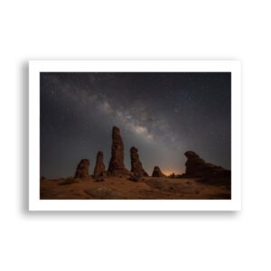 Milky Way galaxy arches over AlGharameel landscape, Saudi Arabia