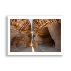 Sunlight shines through a narrow canyon in Hegra, AlUla