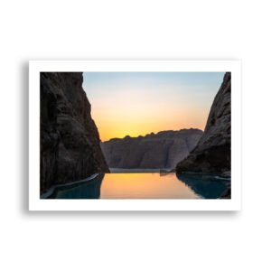 Sunset reflected in pool between the mountains - AlUla, Saudi Arabia